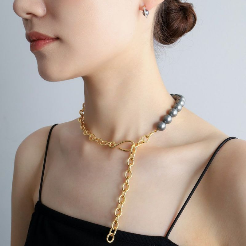 Pearl Mix Malti Chain Necklace【Silver925 LINE】（Gold）